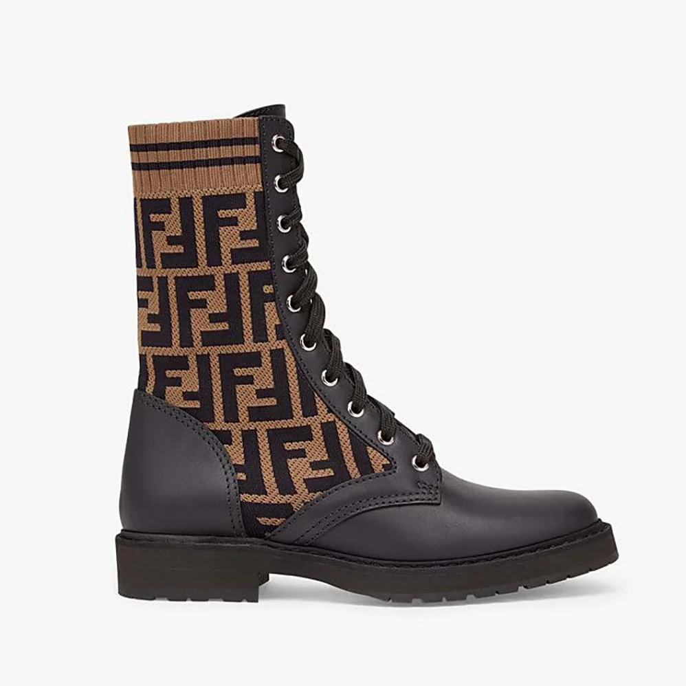 Fendi Rockoko Black/Brown Leather Biker Boots with Stretch Fabric for Women