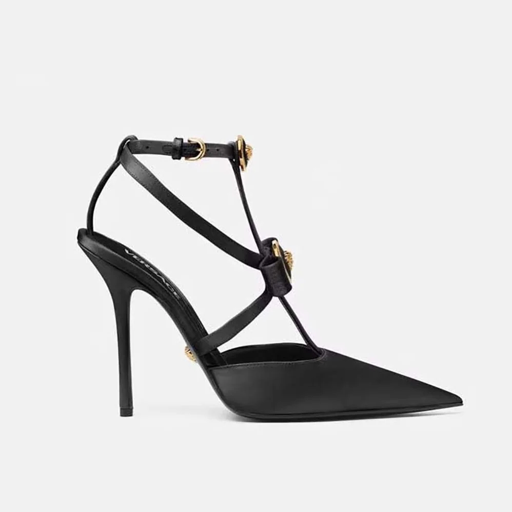 Versace Gianni Ribbon Cage Satin Pumps for Women in Black Versace Gianni Ribbon Cage Satin Pumps for Women in Black