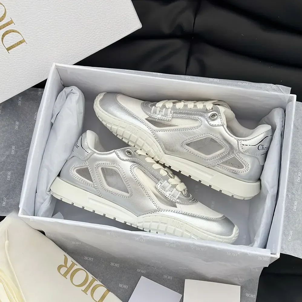 Dior Tech Sneaker Silver-Tone Laminated Grained Calfskin and Transparent Mesh for Unisex
