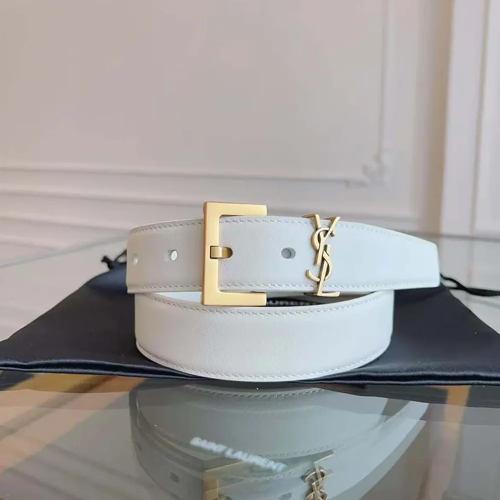 Saint Laurent YSL Cassandre Thin Belt with Square Buckle in Lacquered Leather for Women in White Saint Laurent YSL Cassandre Thin Belt with Square Buckle in Lacquered Leather for Women in White