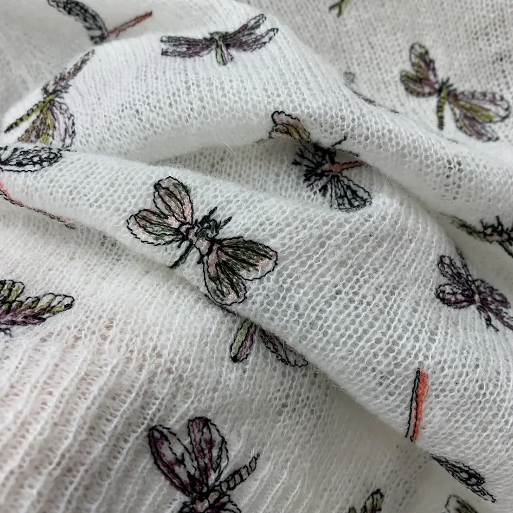 Dior Twinset White Mohair and Alpaca Blend Knit with Multicolor Dragonfly Motif for Women