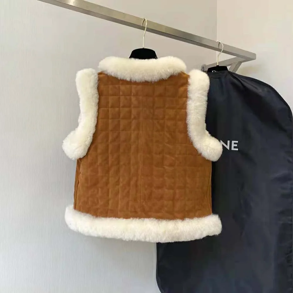 Celine Quilted Vest in Split Leather for Women in Brown