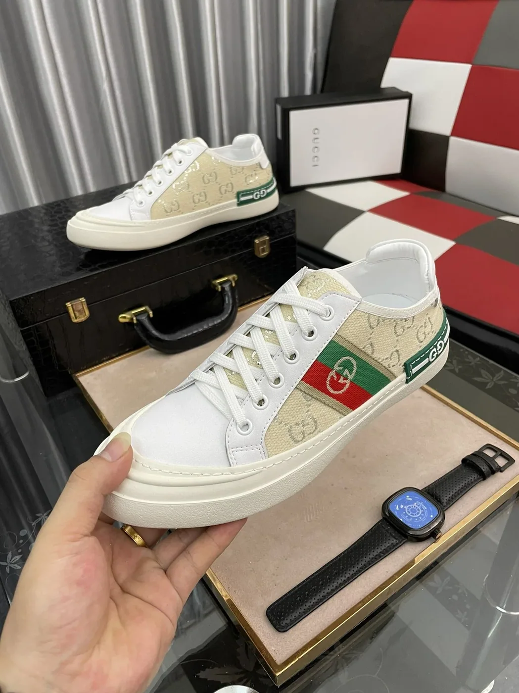 Gucci GG Embroidery Sneaker With Web White And Beige for Men
