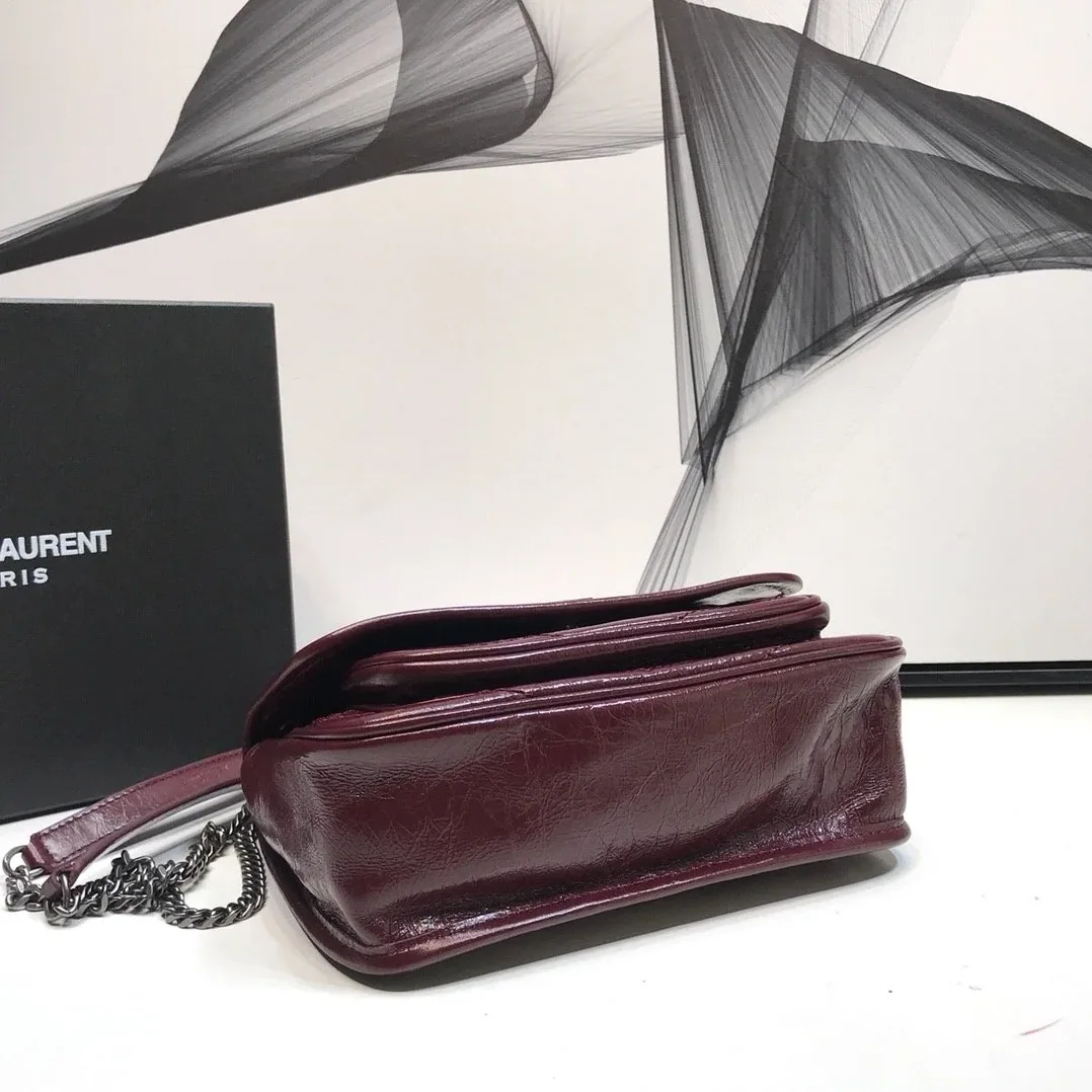 Saint Laurent Niki Baby Chain Bag In Crinkled Vintage Burgundy in YSL Saint Laurent Niki Baby Chain Bag In Crinkled Vintage Burgundy in YSL