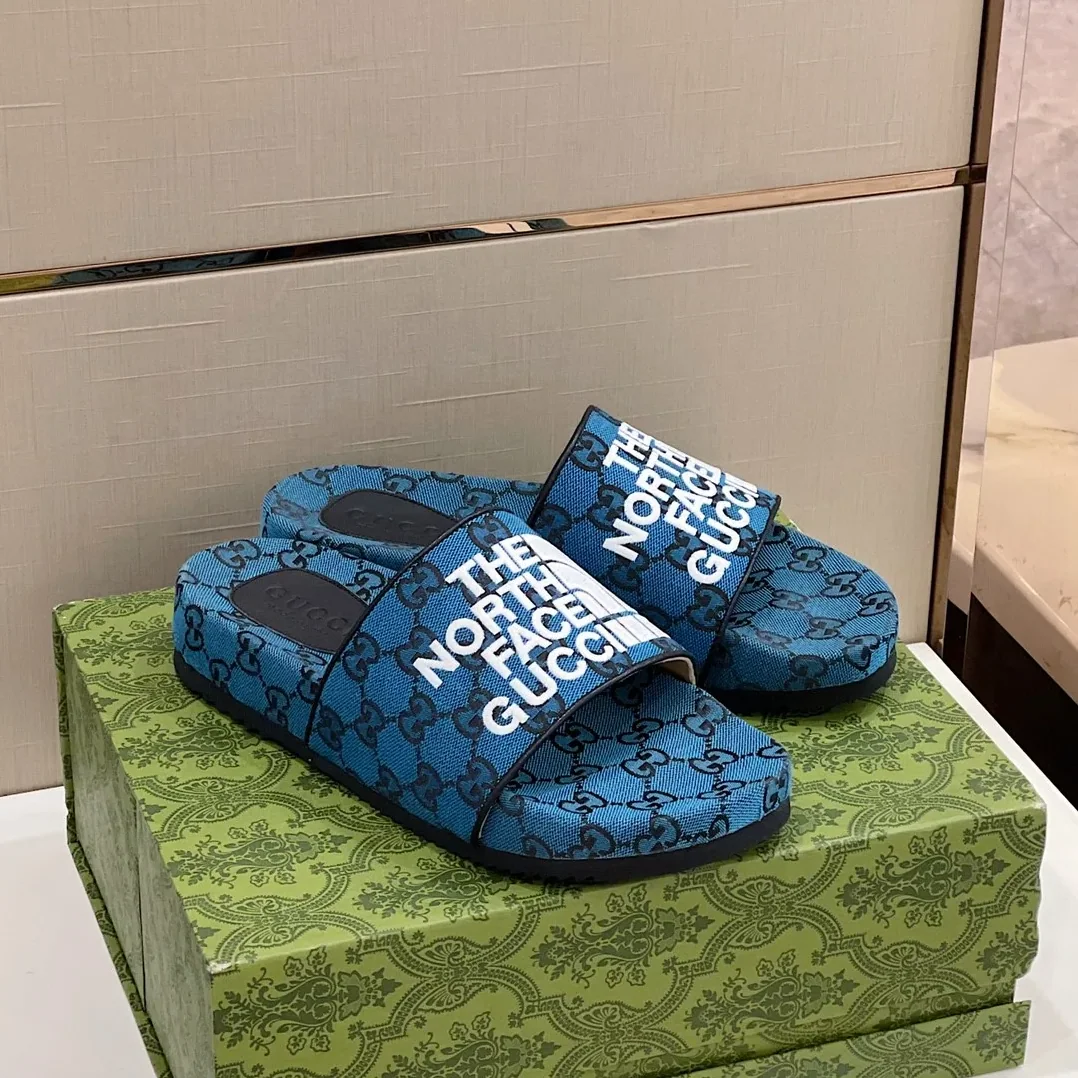 Gucci GG Canvas Slide Sandal Blue Gucci GG Canvas Slide Sandal Blue