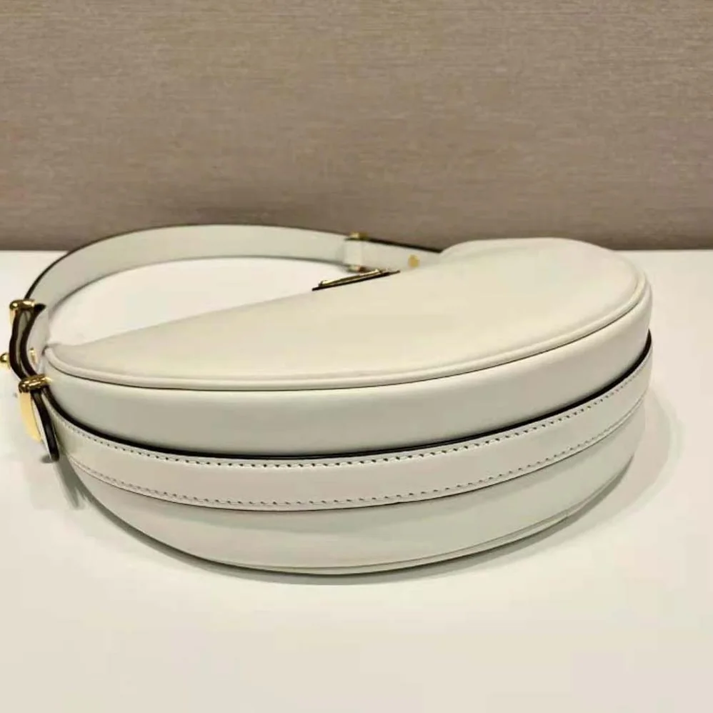 Prada Leather Shoulder Bag with Enameled Metal Triangle Logo for Women in White