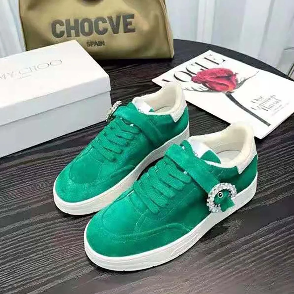 Jimmy Choo Osaka Lace up Malachite Suede and White Calf Leather Low Top Trainers for Women Jimmy Choo Osaka Lace up Malachite Suede and White Calf Leather Low Top Trainers for Women
