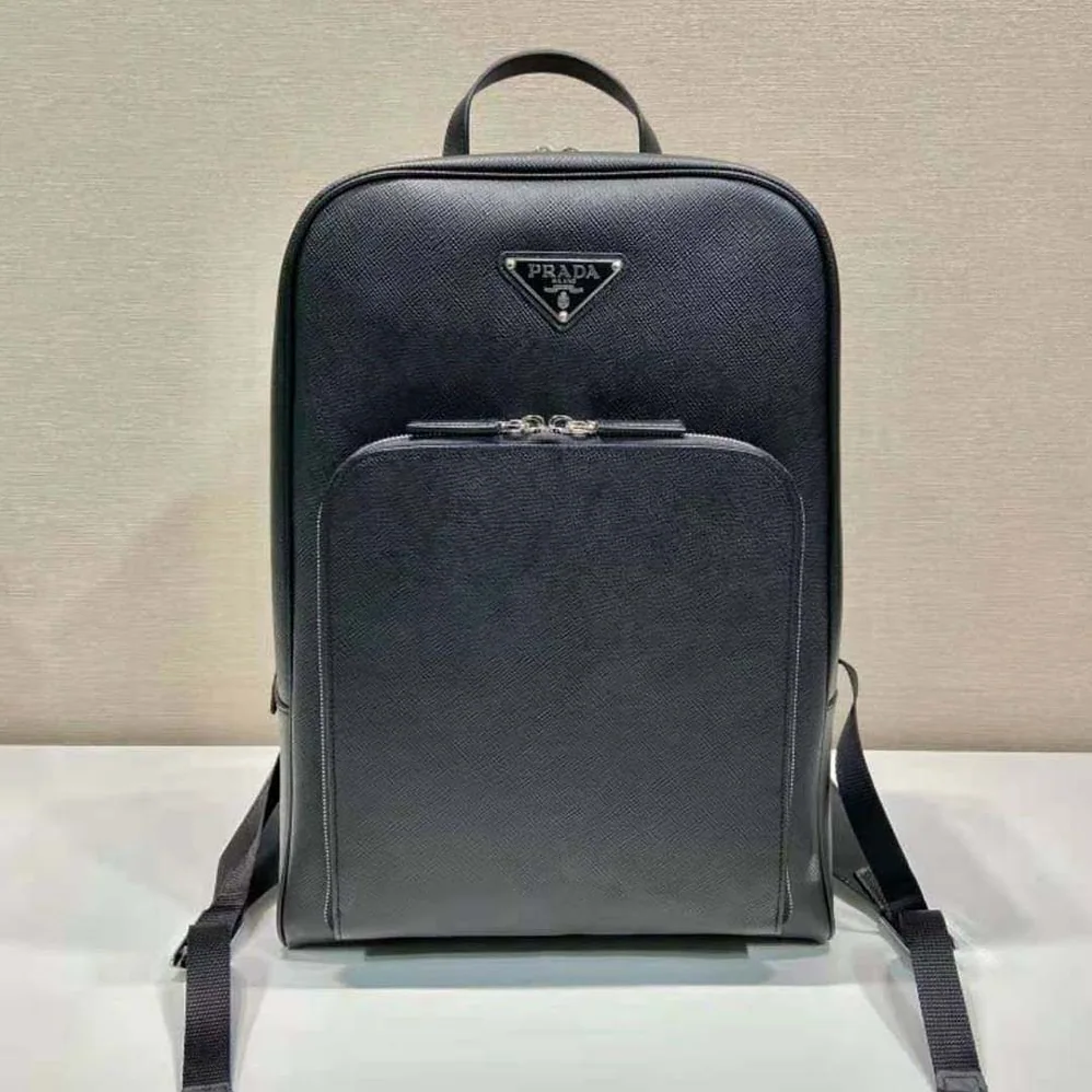 Prada Saffiano Leather Backpack with Triangle Logo for Unisex in Black Prada Saffiano Leather Backpack with Triangle Logo for Unisex in Black