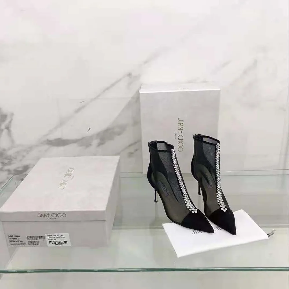 Jimmy Choo Bing Boot 100 Black Suede and Mesh Ankle Boots with Crystal Embellishment for Women