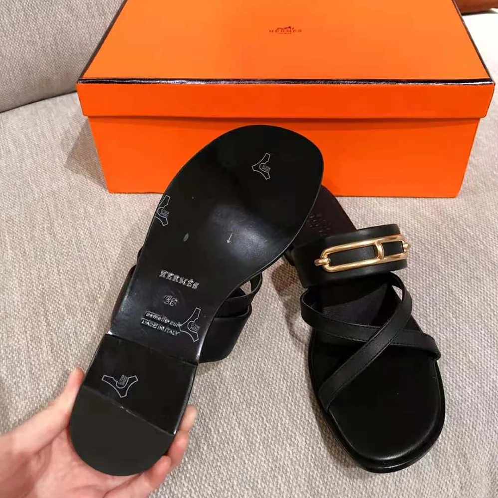 Hermes Claire Sandal in Calfskin Leather for Women in Black Hermes Claire Sandal in Calfskin Leather for Women in Black