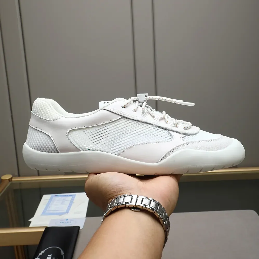 Prada Speedrock Patent Leather and Mesh Fabric Sneakers for Unisex in White