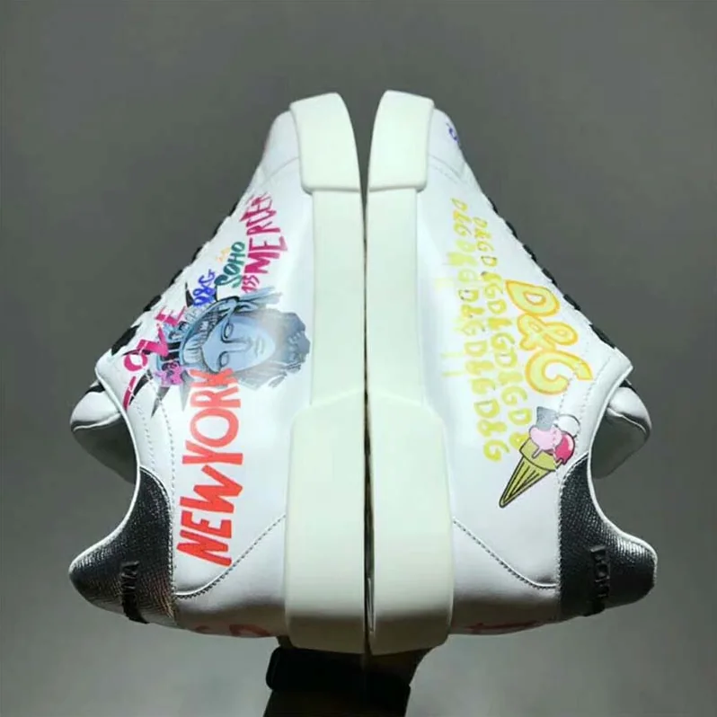 Dolce Gabbana D&G Shoes Portofino Sneakers in Printed Nappa Calfskin for Men in White