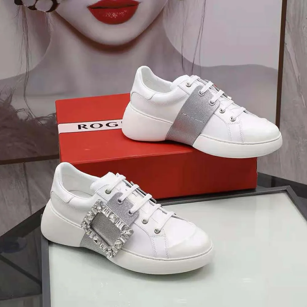 Roger Vivier Viv' Skate Glitter Strass Buckle Sneakers in Soft Leather for Women in Silver Roger Vivier Viv' Skate Glitter Strass Buckle Sneakers in Soft Leather for Women in Silver