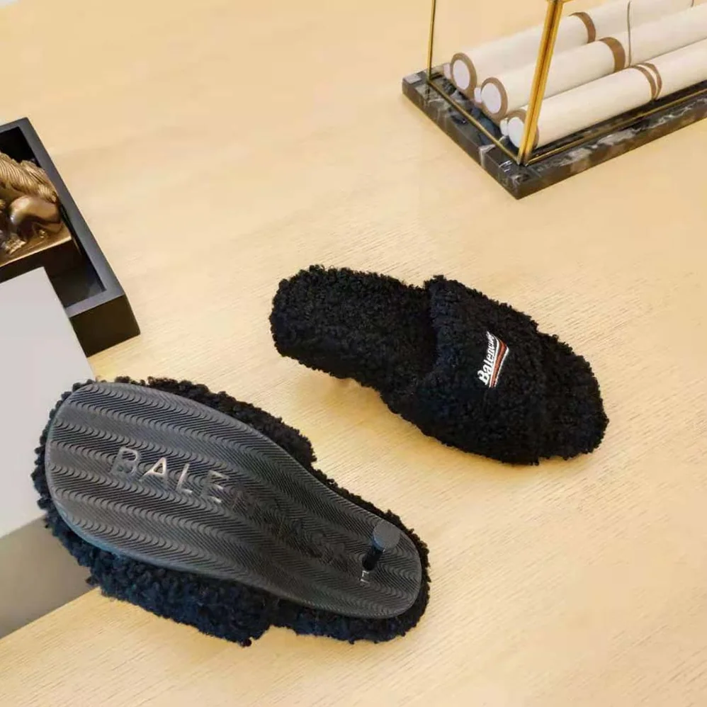Balenciaga Furry 80mm Sandal in Black Fake Shearling for Women Balenciaga Furry 80mm Sandal in Black Fake Shearling for Women