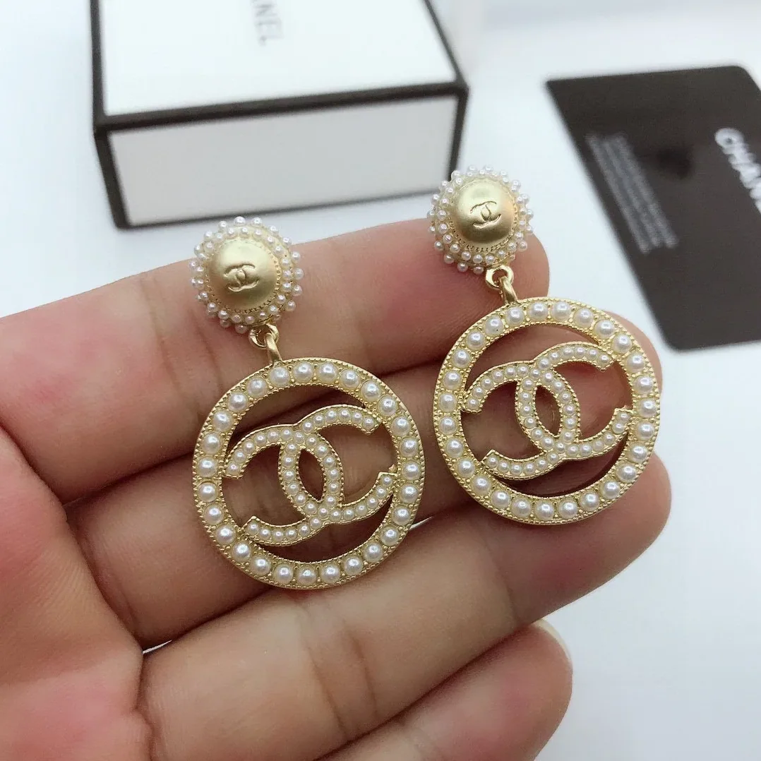 Chanel Dangling Big Circle Frame Earrings Gold Tone