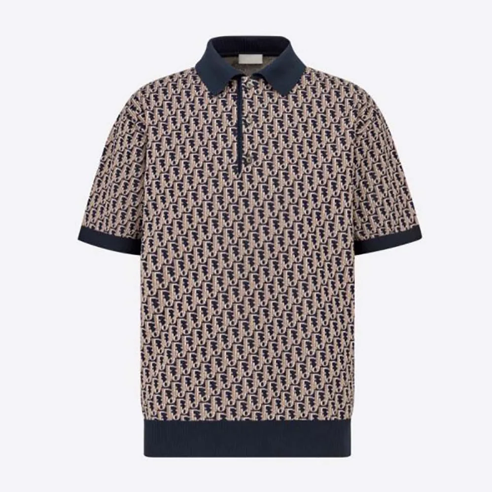 Dior Oblique Polo Shirt Blue Cotton Jacquard for Men
