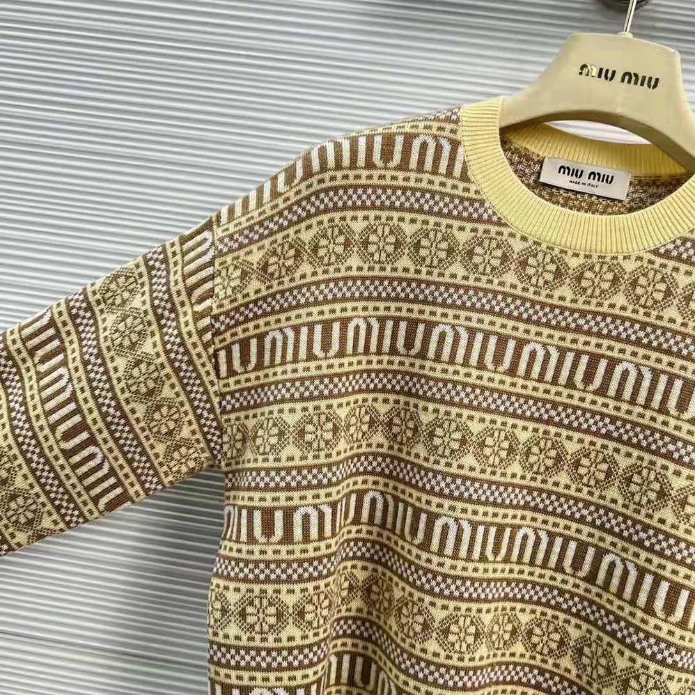 Miu Miu Wool Sweater with Jacquard Logo for Women in Yellow