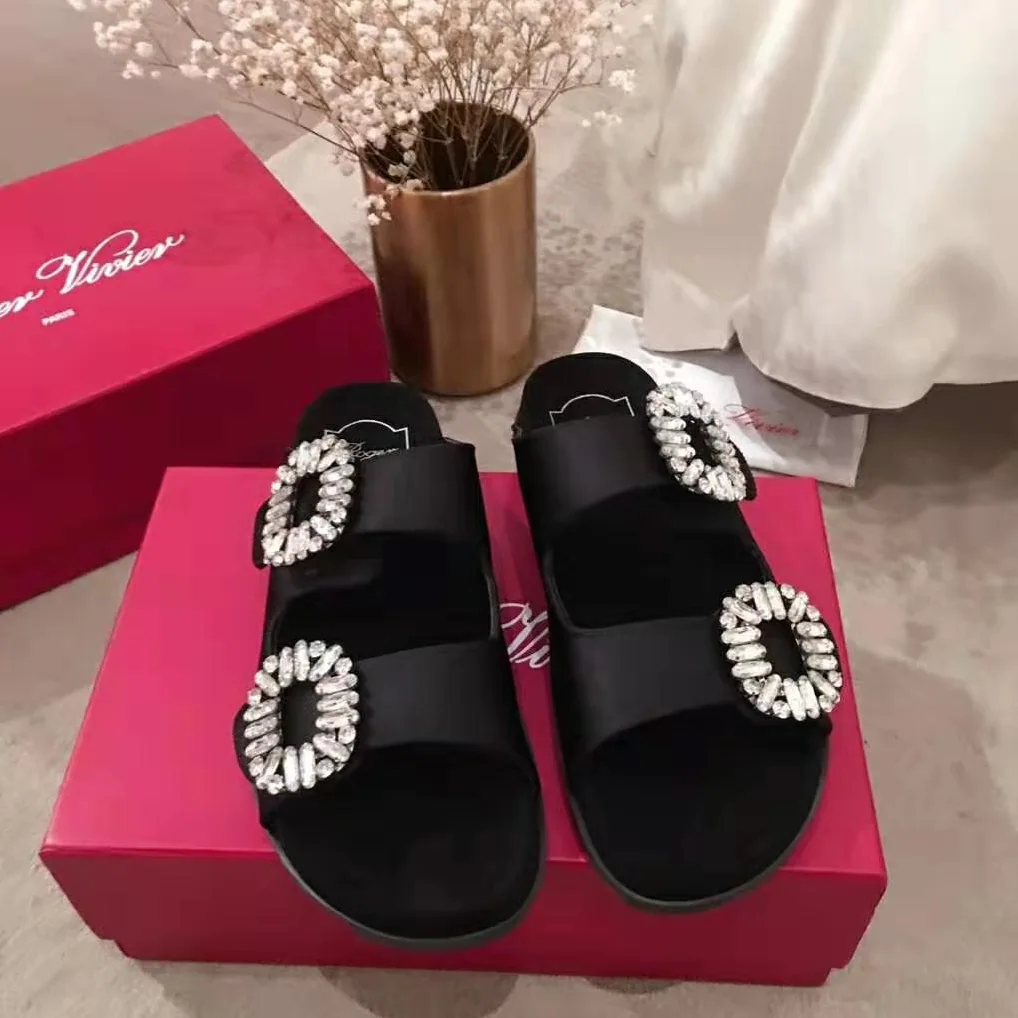 Roger Vivier Slidy Viv' Strass Buckle Sandals Silk Satin for Women in Black Roger Vivier Slidy Viv' Strass Buckle Sandals Silk Satin for Women in Black
