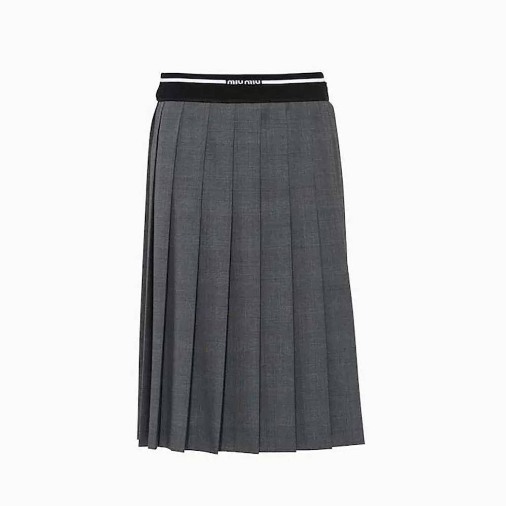 Miu Miu Prince of Wales Check Skirt with Intarsia Logo Knit Waistband for Women Miu Miu Prince of Wales Check Skirt with Intarsia Logo Knit Waistband for Women
