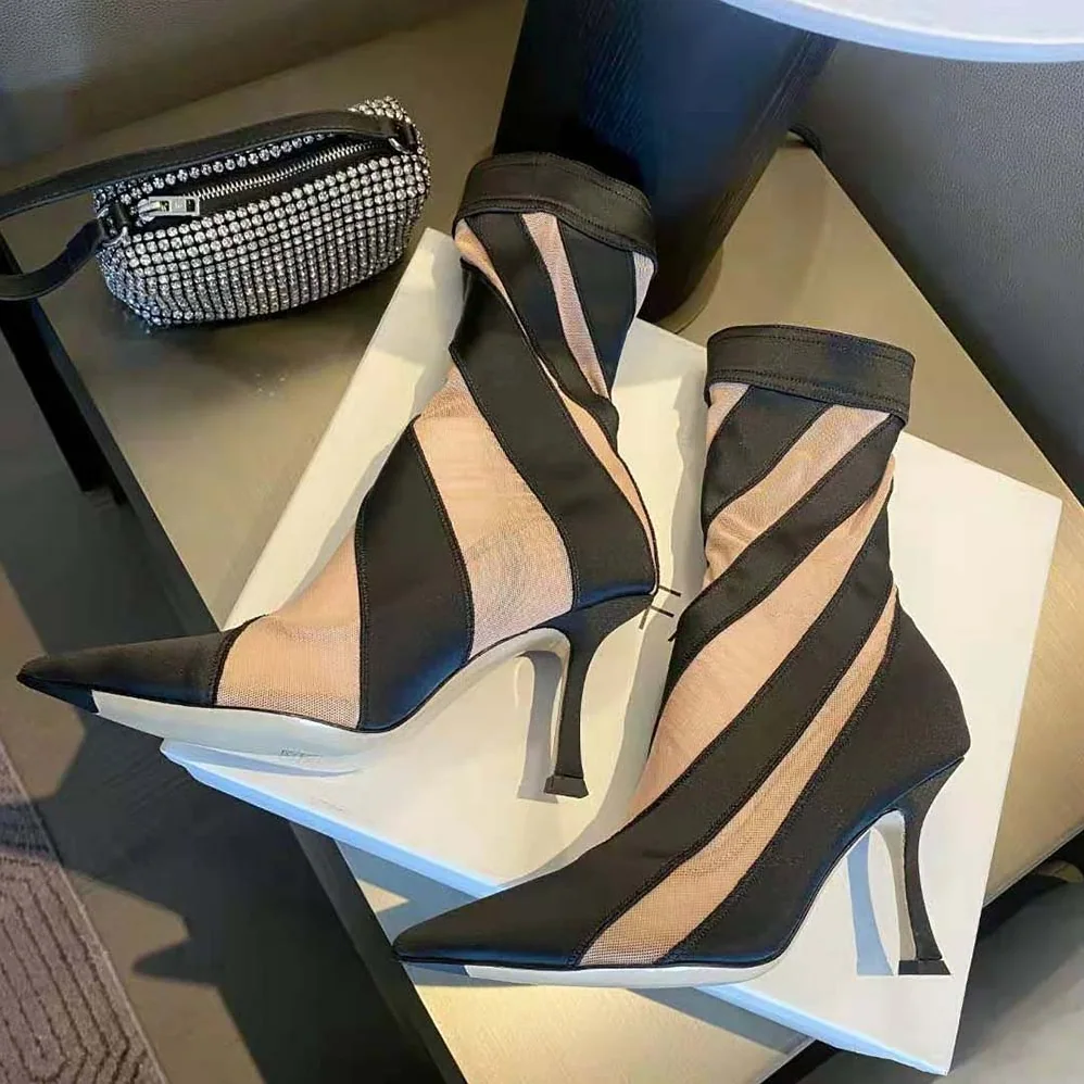 Jimmy Choo Mugler Sock Ankle Boot Black and Nude Sheer Spiral Stretch Fabric for Women