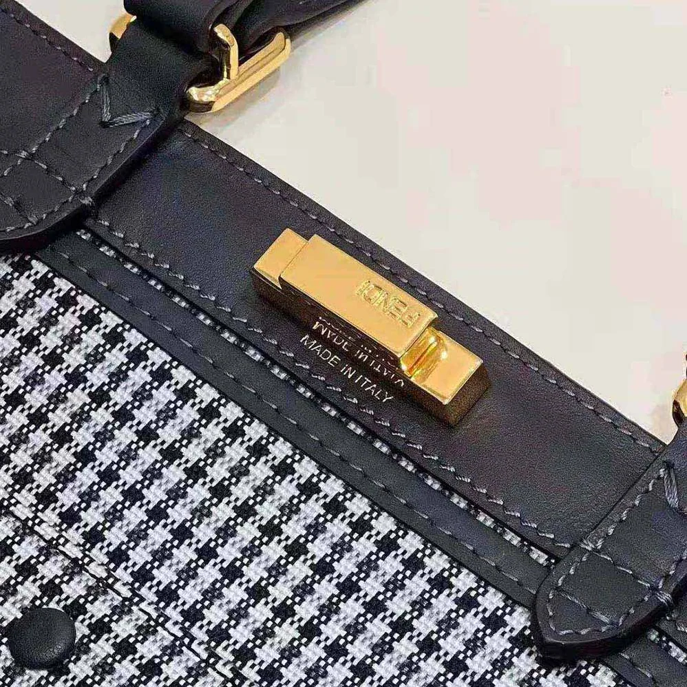 Fendi X-Tote Gray Houndstooth Wool Shopper with FF Embroidery for Women Fendi X-Tote Gray Houndstooth Wool Shopper with FF Embroidery for Women