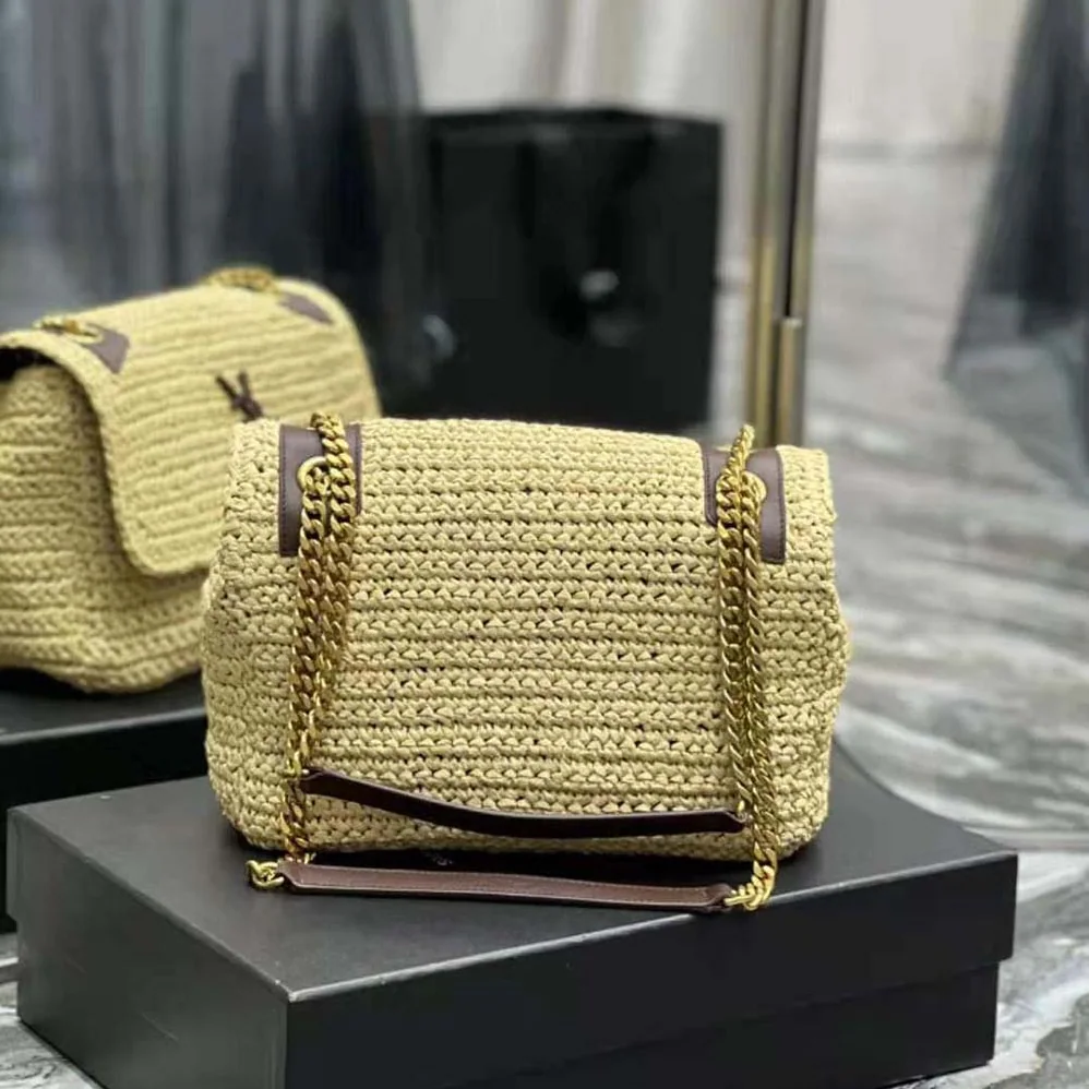 Saint Laurent YSL Niki Medium Chain Bag in Raffia and Leather for Women in Brown