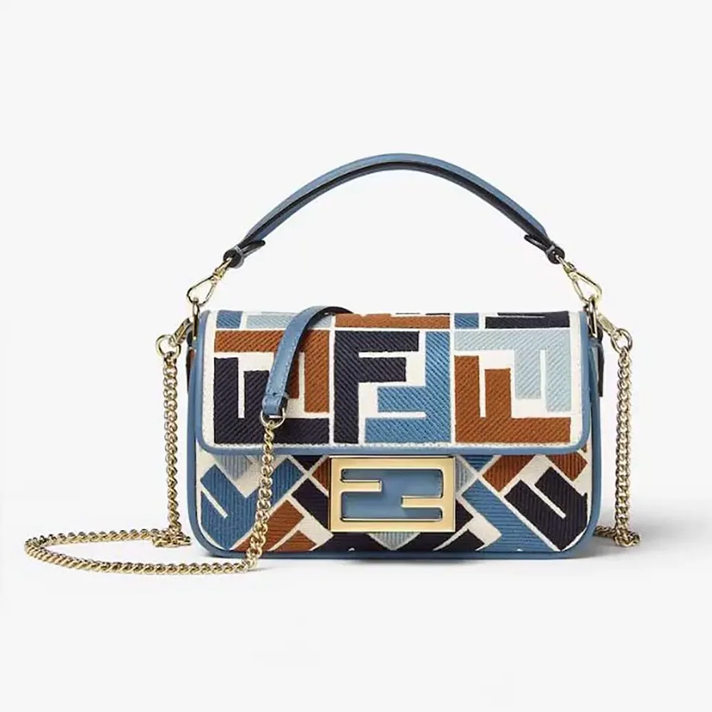 Fendi Baguette Mini Canvas Bag with Multicolor FF Embroidery for Women Fendi Baguette Mini Canvas Bag with Multicolor FF Embroidery for Women