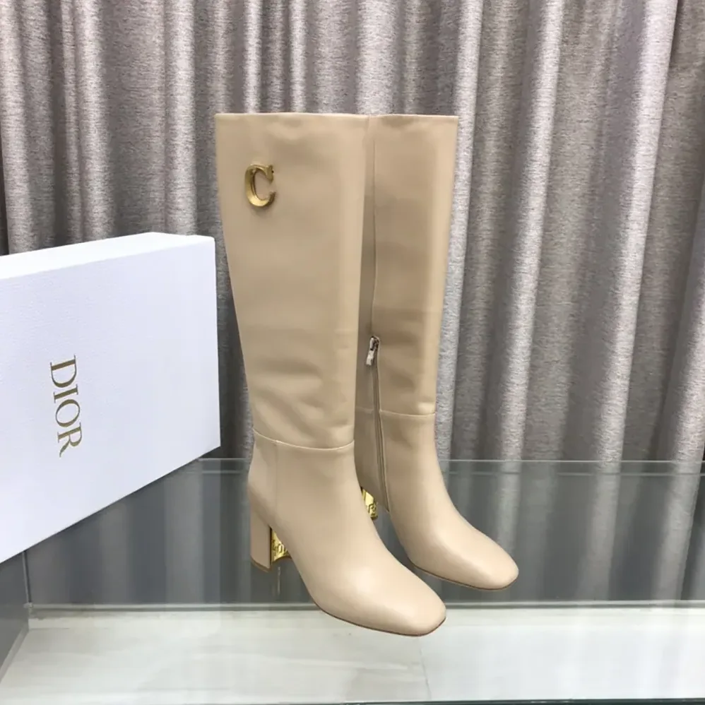 Dior Logo Knee-High Boot In Light Beige Calfskin with Gold for Women in Tone Accents Dior Logo Knee-High Boot In Light Beige Calfskin with Gold for Women in Tone Accents