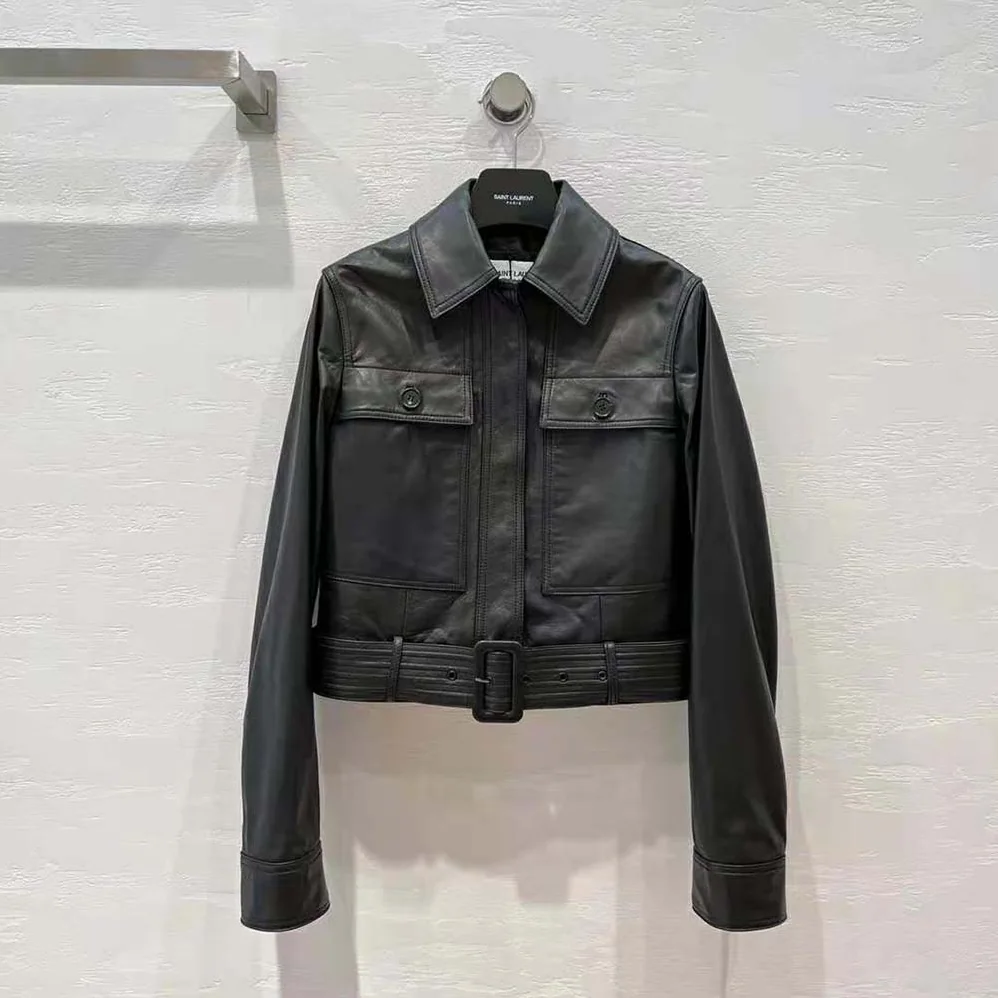 Saint Laurent YSL Cropped Jacket in Drummed Lambskin for Women in Black