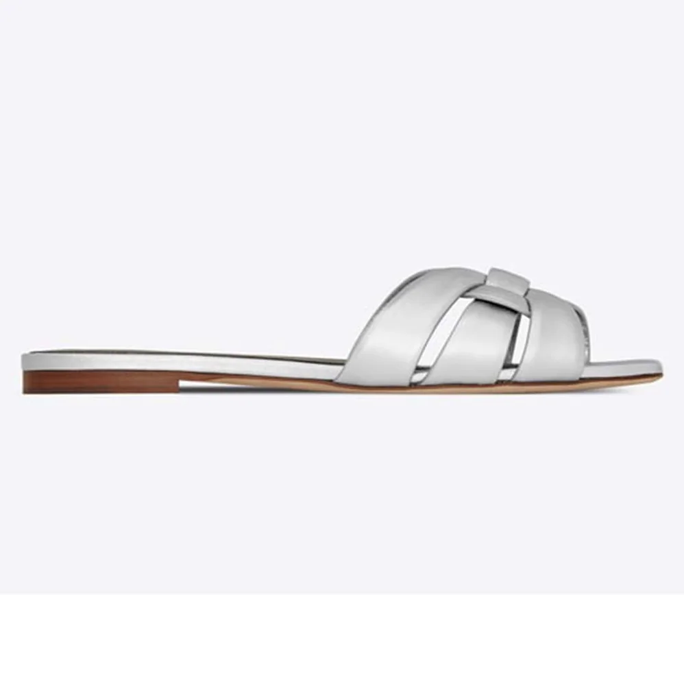 Saint Laurent YSL Tribute Flat Sandals Metallic Leather for Women in Silver Saint Laurent YSL Tribute Flat Sandals Metallic Leather for Women in Silver