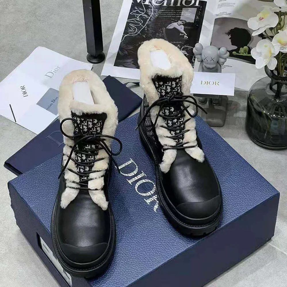 Dior Dior Explorer Ankle Boot Black Smooth Calfskin and Beige and Black Dior Oblique Jacquard for Men