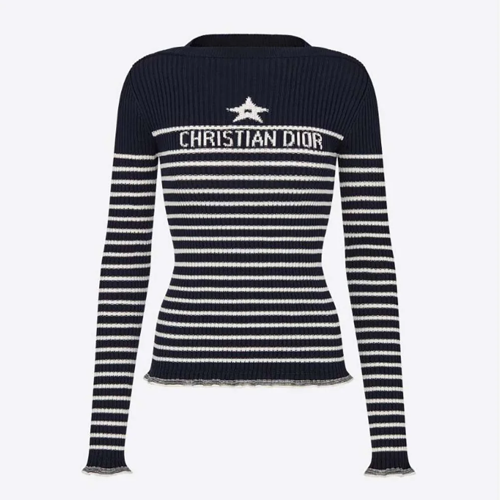 Dior Sweater Navy Blue and White Cotton Ribbed Knit with Signature for Women