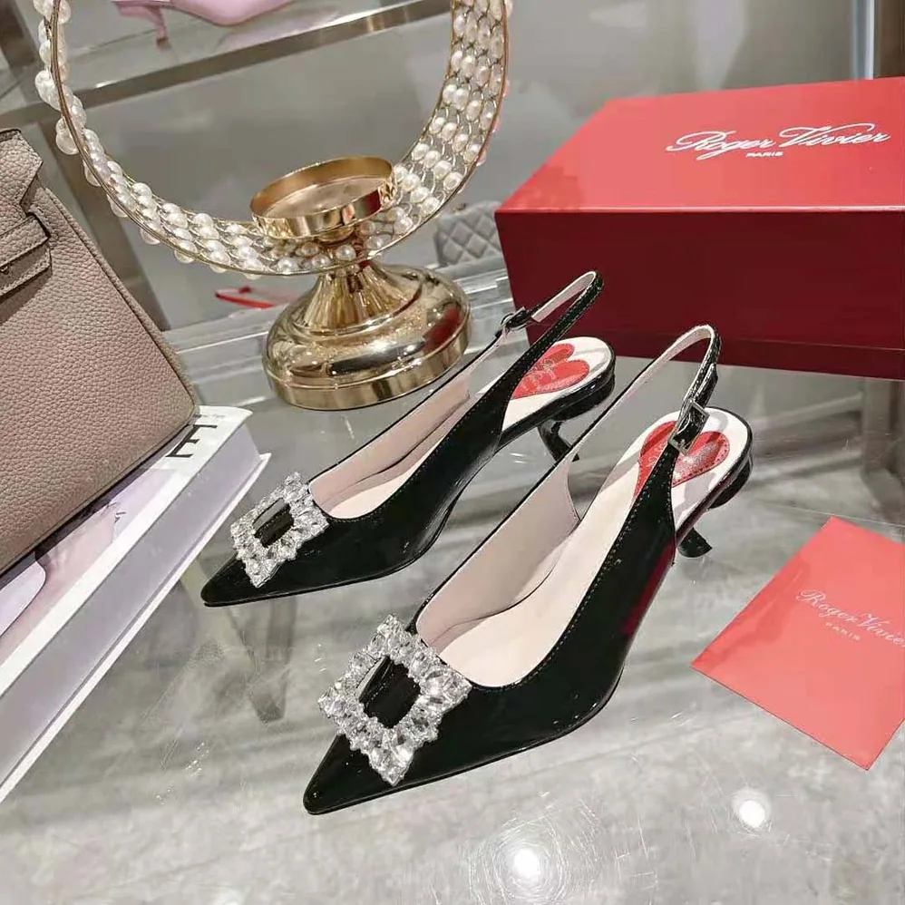 Roger Vivier Virgule Strass Buckle Slingback Pumps in Patent Leather for Women in Black Roger Vivier Virgule Strass Buckle Slingback Pumps in Patent Leather for Women in Black