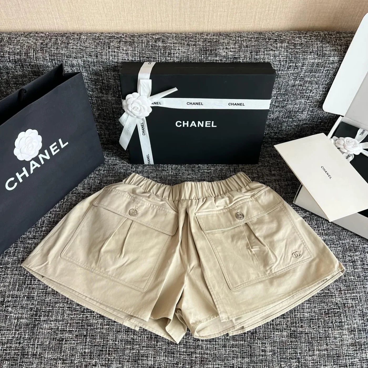 Chanel Cotton Twill Utility Cargo Shorts Sand