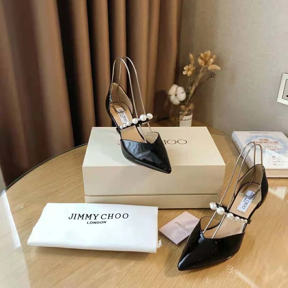 Jimmy Choo Aurelie 85 Black Patent Leather Pointed Pumps with Pearl Embellishment for Women Jimmy Choo Aurelie 85 Black Patent Leather Pointed Pumps with Pearl Embellishment for Women