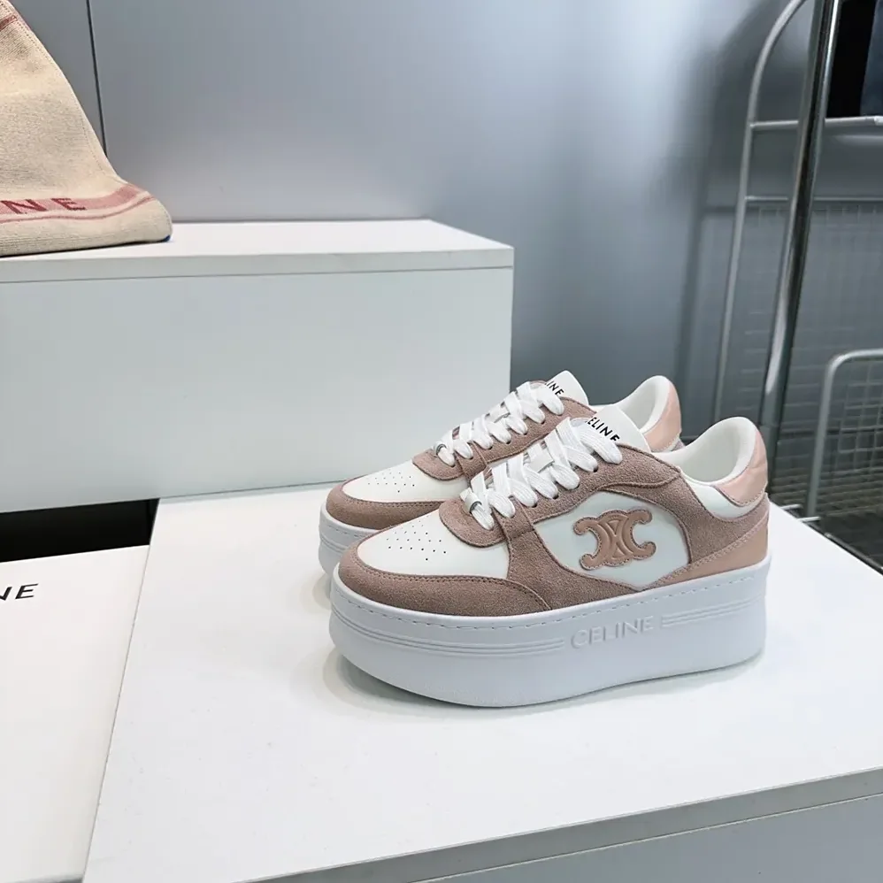Celine Block Wedge Sneaker With Triomphe Patch In Calfskin And Suede Calfskin for Women in Pink