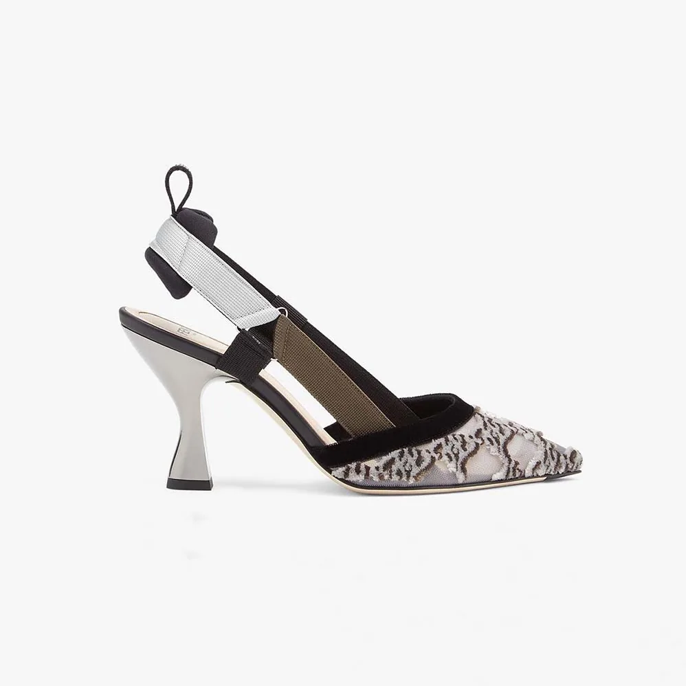 Fendi Colibri Gray Mesh and Embroidery High for Women in Heeled Slingbacks Fendi Colibri Gray Mesh and Embroidery High for Women in Heeled Slingbacks