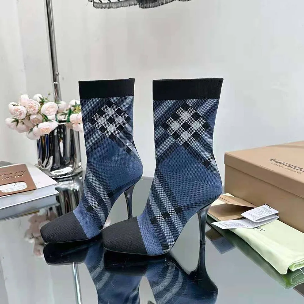 Burberry Knitted Check Sock Boots for Women in Navy Burberry Knitted Check Sock Boots for Women in Navy
