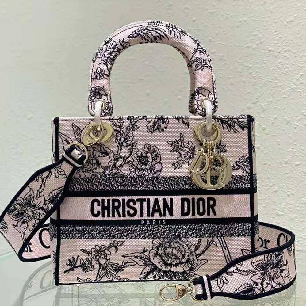 Dior Medium Lady D-lite Bag Powder Pink Dior Jardin Botanique Embroidery for Women