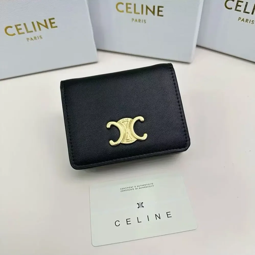 Celine Triomphe Compact Wallet In Shiny Calfskin for Women Celine Triomphe Compact Wallet In Shiny Calfskin for Women