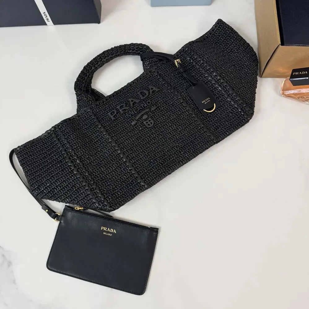Prada Large Crochet Tote Bag with Leather Details for Women in Black