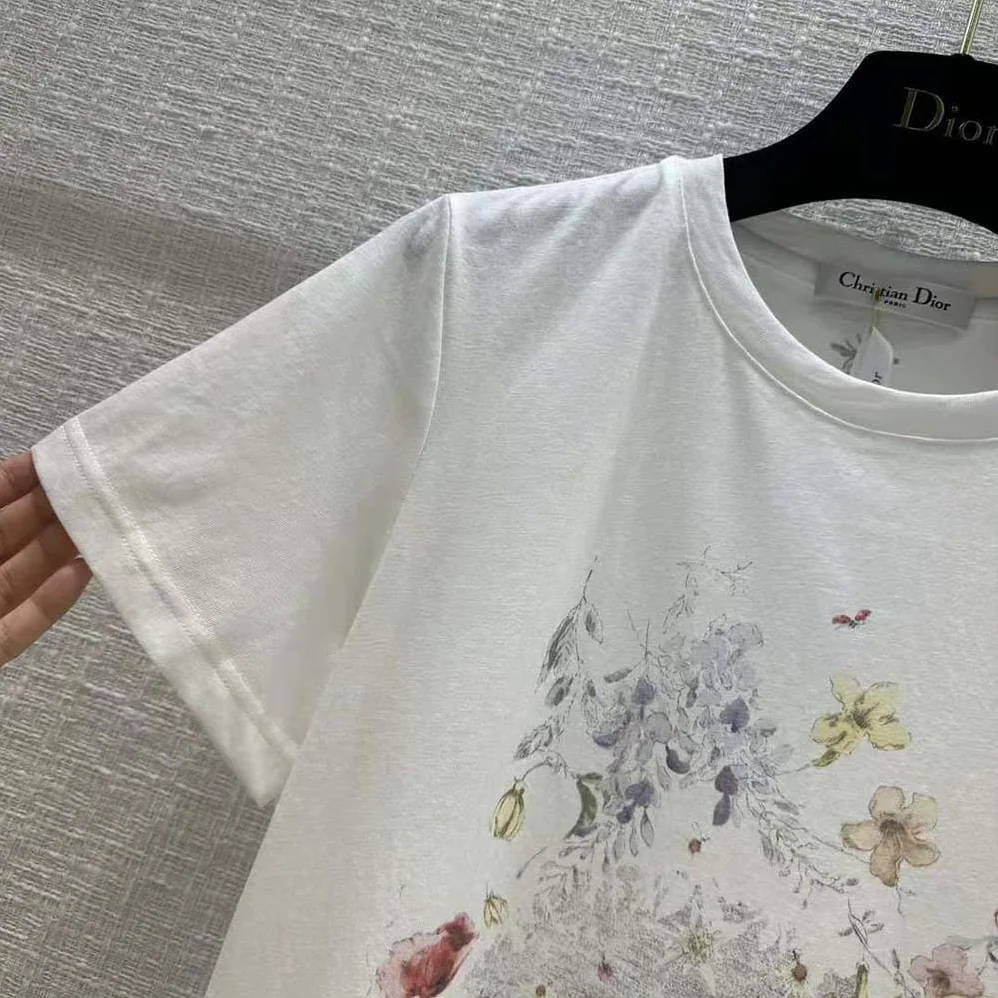 Dior T-shirt White Cotton and Linen Jersey with Red Multicolor Florilegio Motif for Women