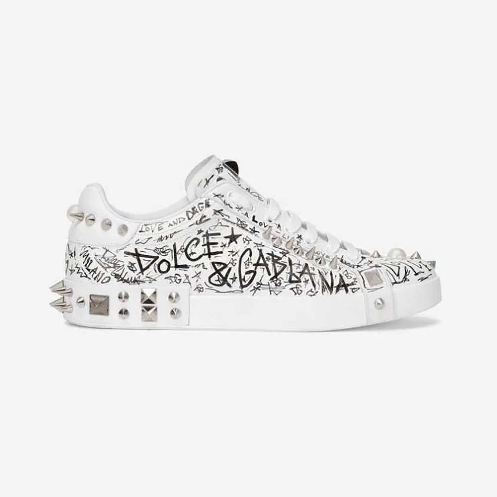 Dolce Gabbana D&G Calfskin Nappa Portofino Sneakers with Studs for Unisex in White Dolce Gabbana D&G Calfskin Nappa Portofino Sneakers with Studs for Unisex in White