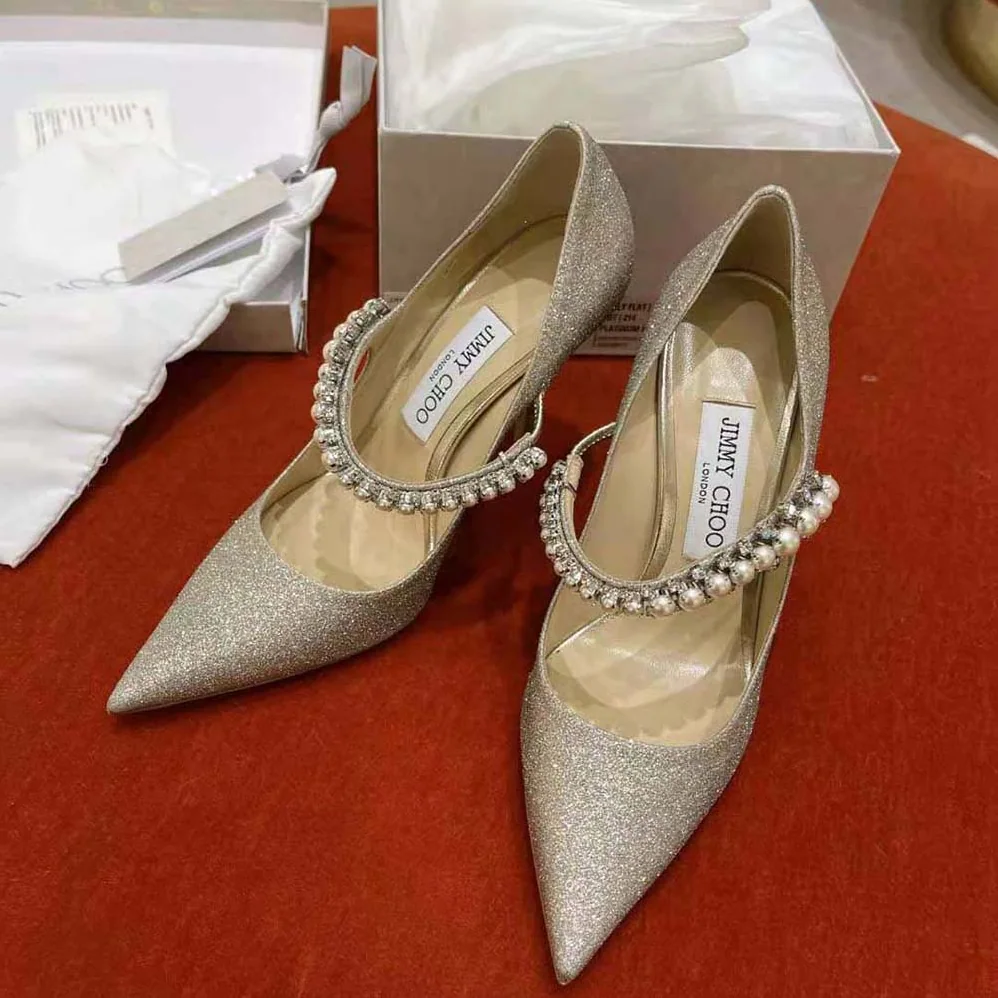 Jimmy Choo Baily 100 Platinum Ice Dusty Glitter Pumps with Crystal and Pearl Strap for Women Jimmy Choo Baily 100 Platinum Ice Dusty Glitter Pumps with Crystal and Pearl Strap for Women