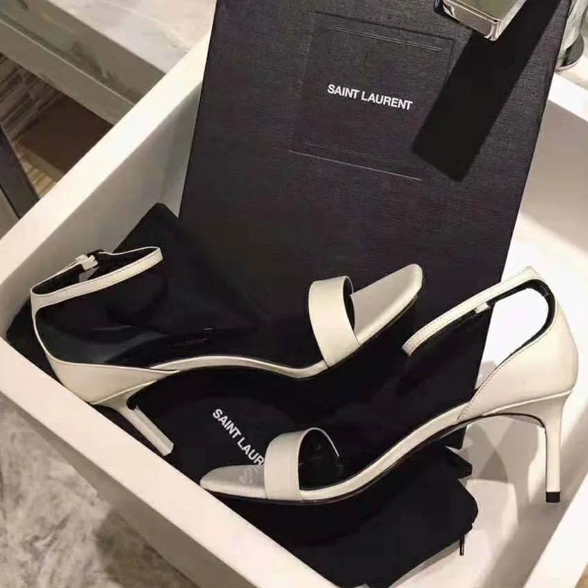 Saint Laurent YSL Amber Sandals Patent Leather 8.5cm Heel for Women in Beige