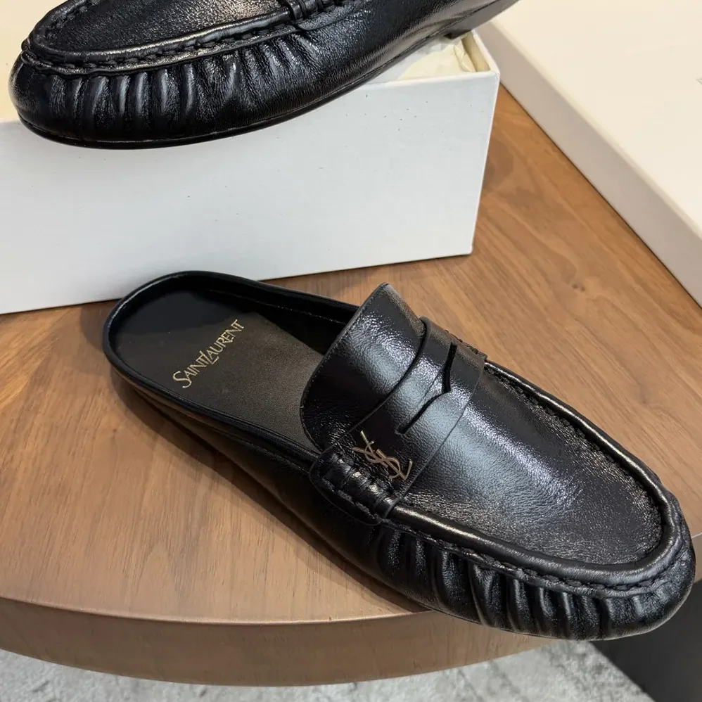 Saint Laurent YSL Le Loafer Mules in Shiny Creased Leather for Unisex