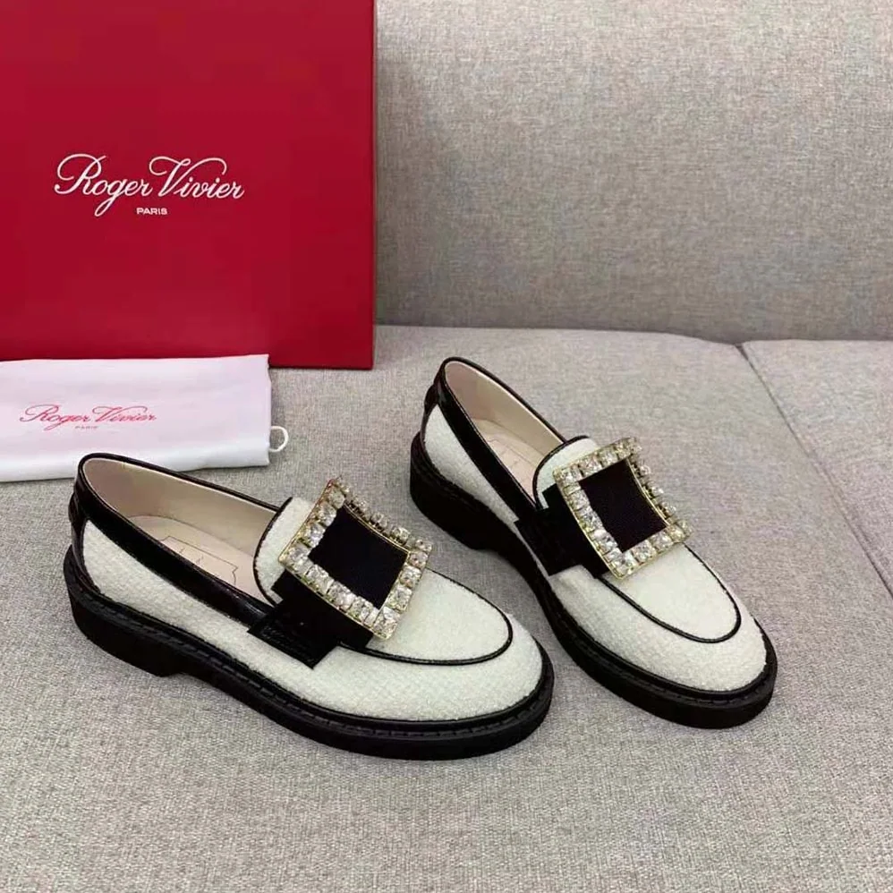 Roger Vivier Viv' Rangers Strass Buckle Loafers in Fabric for Women Roger Vivier Viv' Rangers Strass Buckle Loafers in Fabric for Women