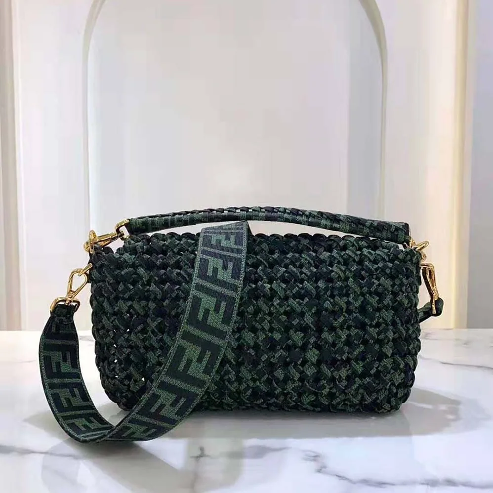 Fendi Baguette Jacquard Fabric Interlace Bag for Women in Green