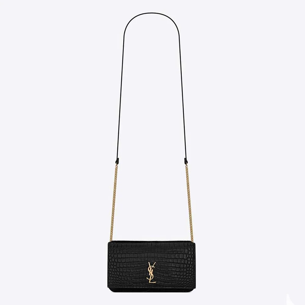 Saint Laurent YSL Cassandre Phone Holder with Strap in Shiny Crocodile-Embossed Leather for Women in Black Saint Laurent YSL Cassandre Phone Holder with Strap in Shiny Crocodile-Embossed Leather for Women in Black