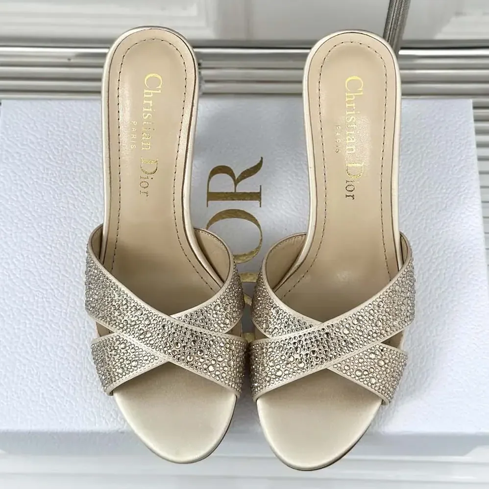 Dior Dior Tribales Heeled Slide Beige Suede Calfskin and Gold for Women in Tone Strass Dior Dior Tribales Heeled Slide Beige Suede Calfskin and Gold for Women in Tone Strass